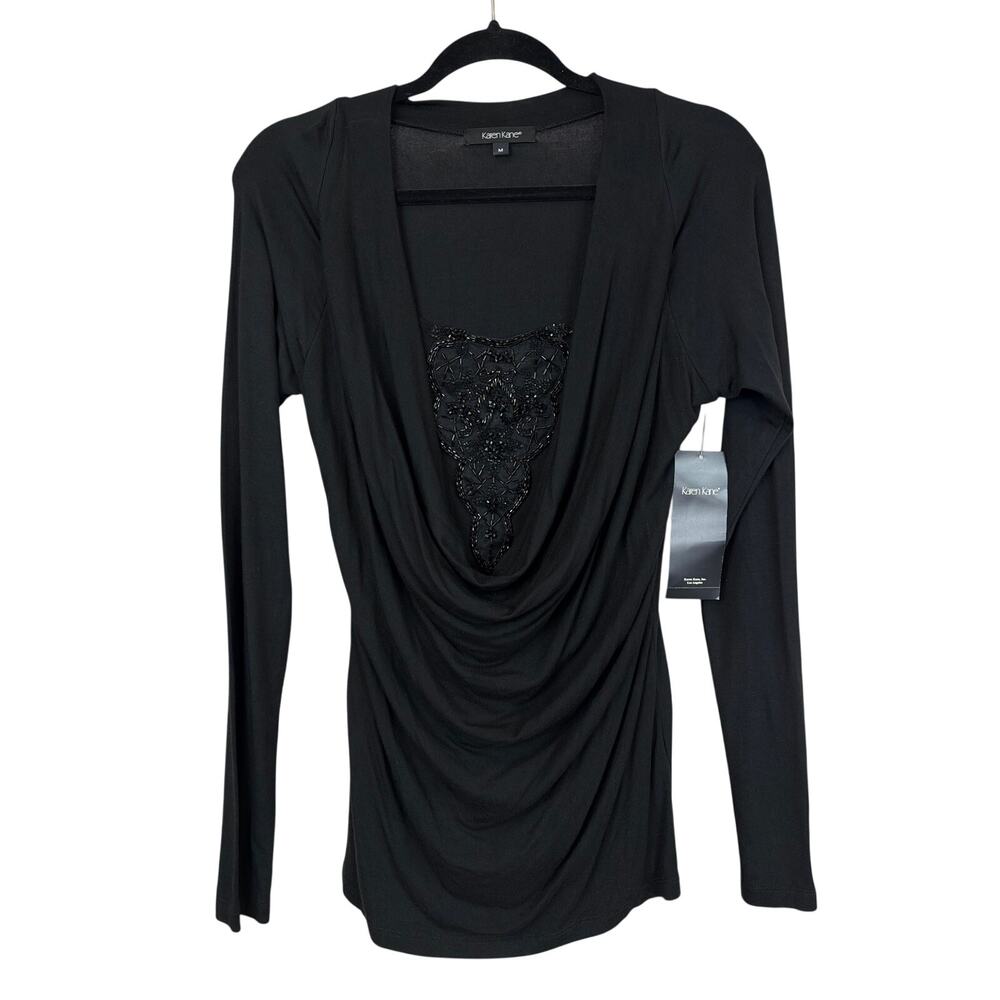 NWT Karen Kane Black Long Sleeve Draped Cowl Neck Beaded Top MED USA MADE
